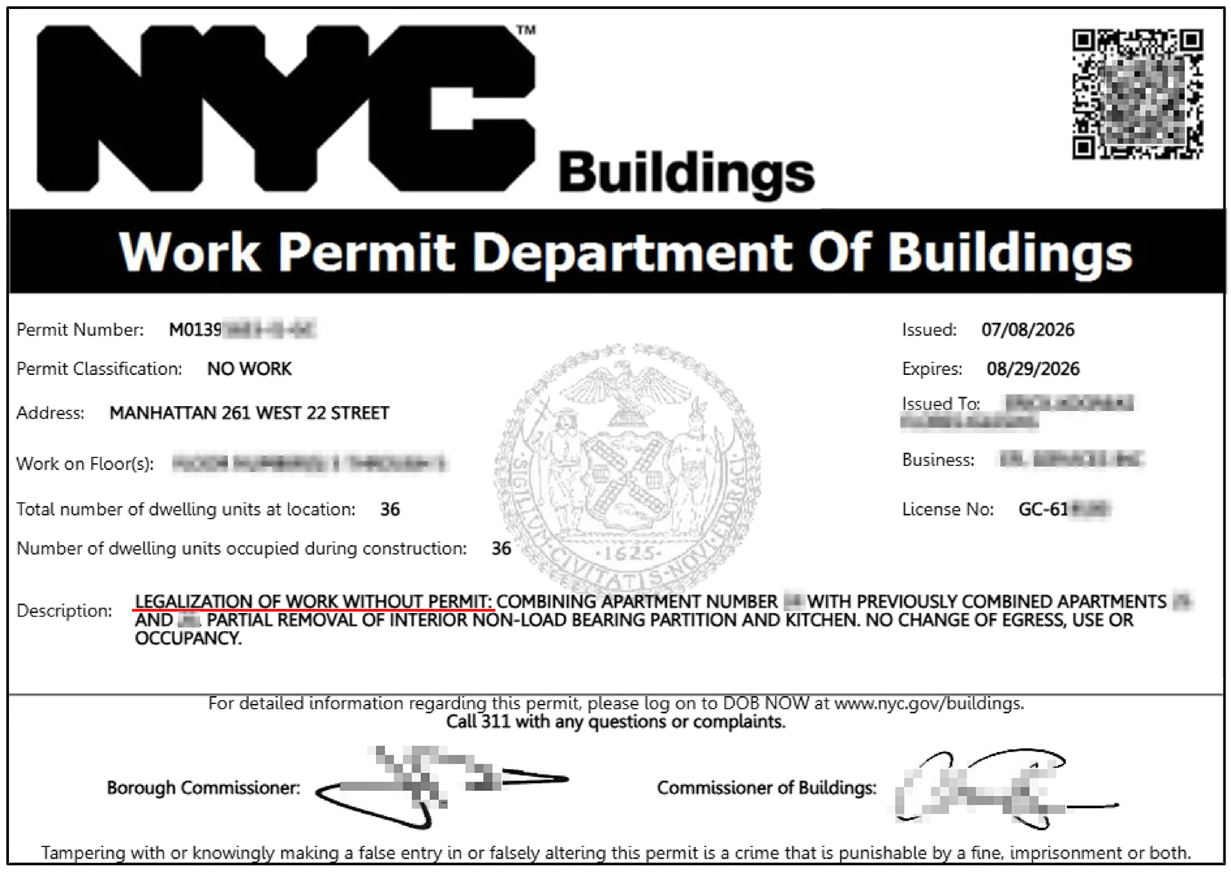 NYC DOB work permit for the legalization of work without a permit, combining two apartments in Chelsea, issued as part of DOB violation clearance