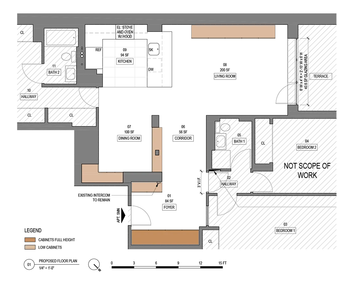 Gramercy apartment floor plan showing proposed entryway cabinetry, a dining alcove, living room cabinetry, and a new kitchen layout.