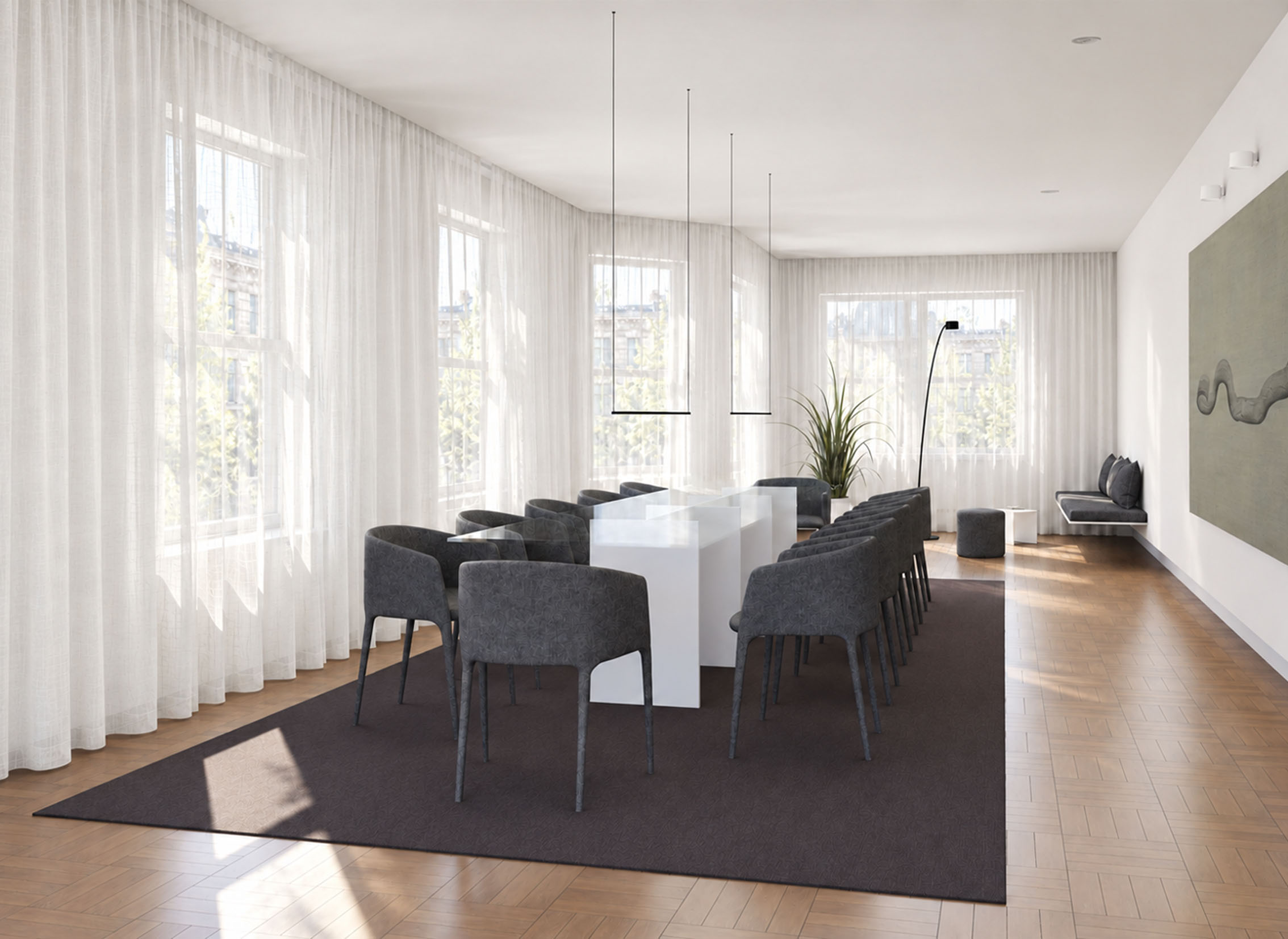 3D visualization of a dining room in a NYC apartment renovation, a long white table with grey upholstered chairs on a dark rug