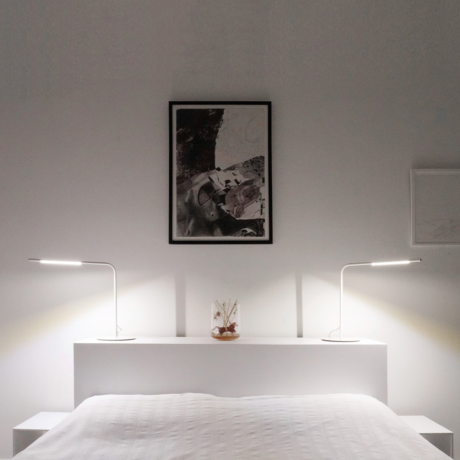 3D visualization for a Manhattan gut renovation, a bedroom with a built-in plaster headboard, reading lights and a framed artwork