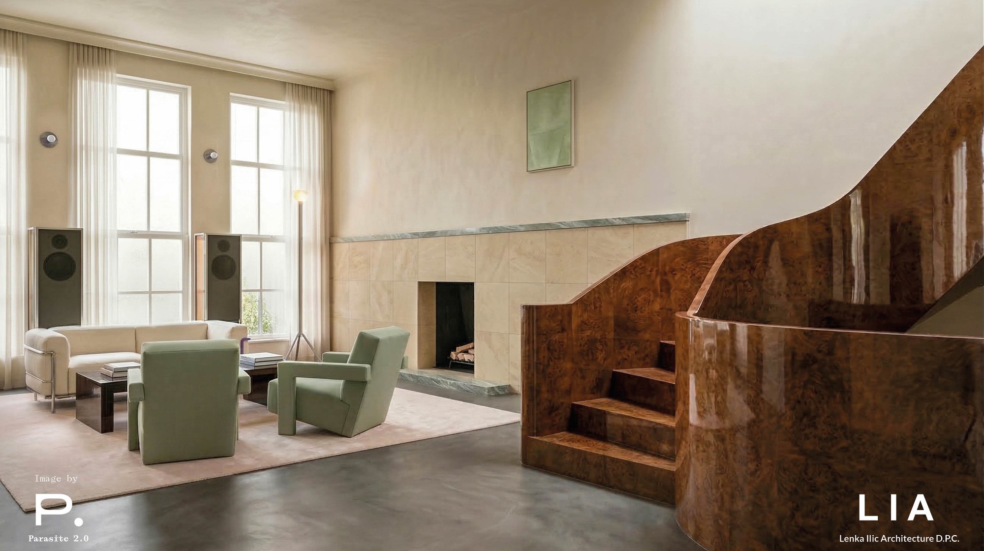 Gut renovated Upper East Side townhouse lounge with a sculptural burl wood stair, green armchairs and a stone fireplace