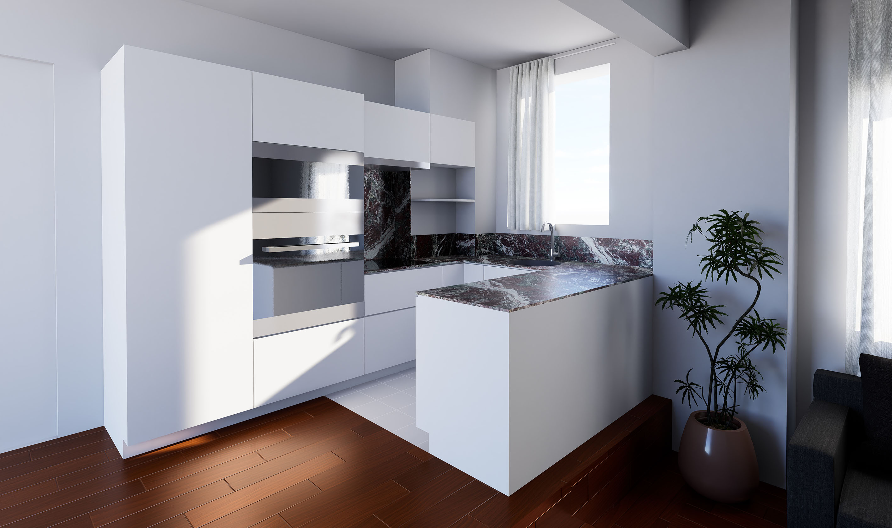 Renovated white kitchen with marble accents