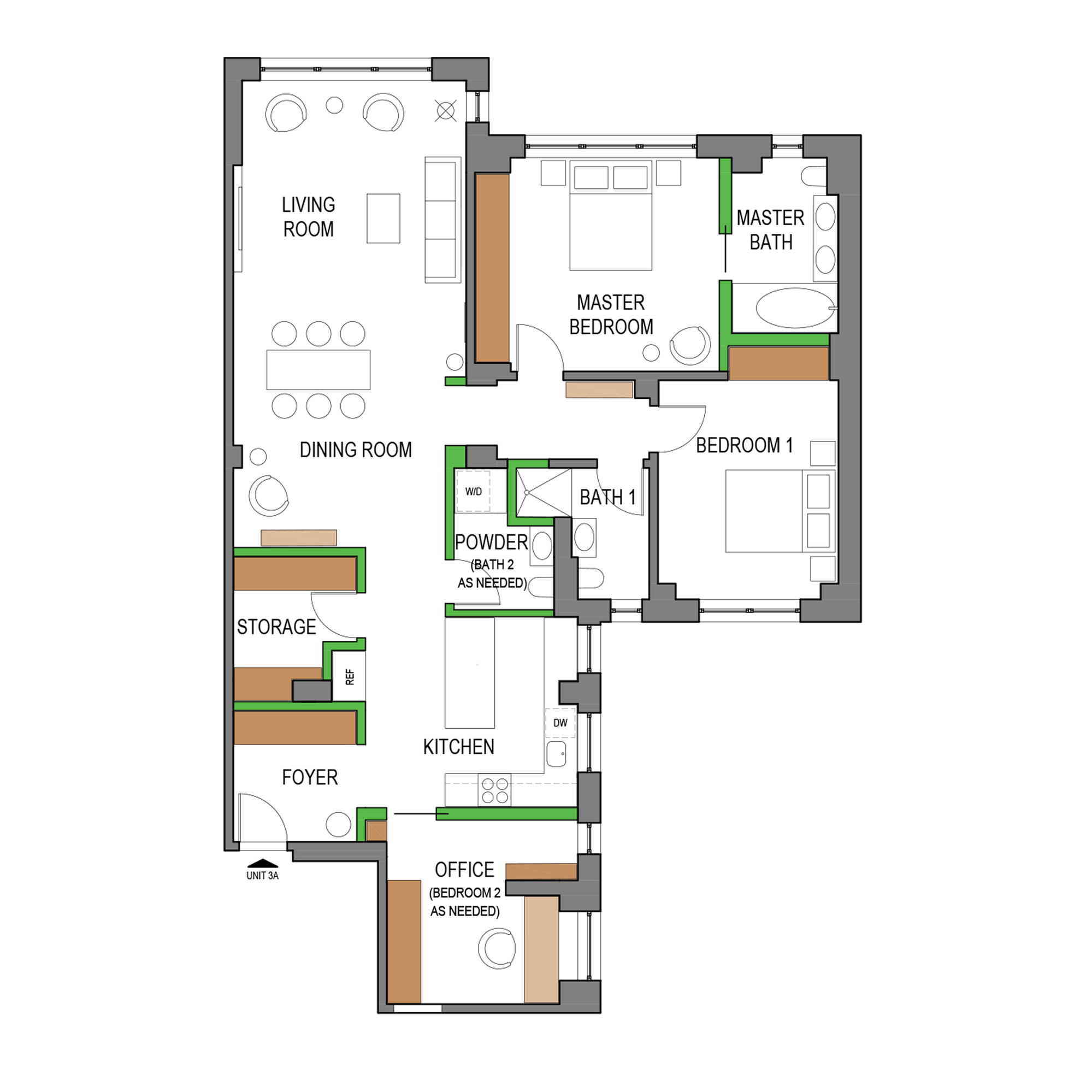 Proposed floor plan for a NYC apartment renovation, colour-coded to show new partitions, millwork and relocated kitchen and bathrooms